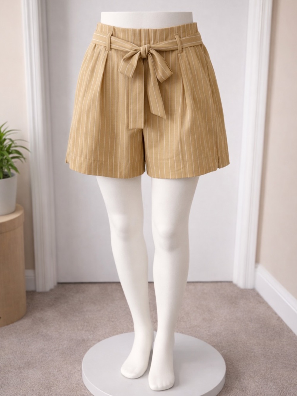 Chic Tan Pinstripe Paperbag Waist Shorts 🤎